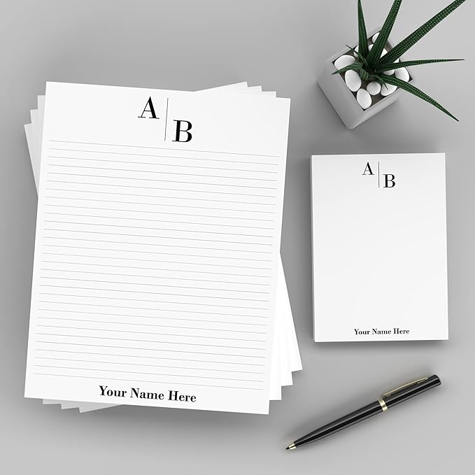 PrintPPS Personalized Monogram Notepads with your 2 Initials Diagonally - 4 Pack Gift Set of 8.5 x 11 @ 50 Sheets Per Pad - Optional Ruled Lines - Custom Stationery For To Do Checklists, and Gifts