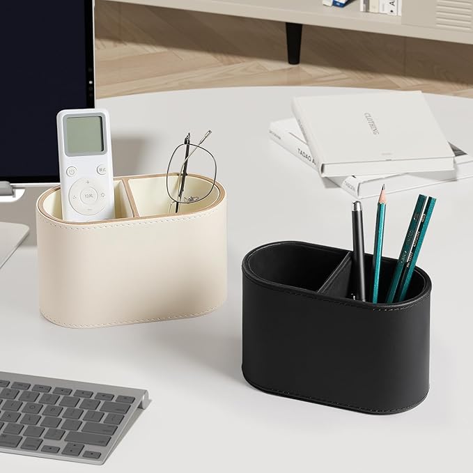 MEIBOOCH PU Leather Pen Holder for Desk, Small Remote Control Holder Pencil Cup Multifunctional Desktop Organizer Caddy for Home School Office Desk Accessories - 2 Compartments (Beige)