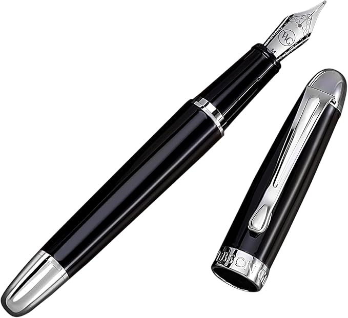 Webson Gill The Boss' Black Luxury Executive Fountain Pen, Polished Lacquer & Chrome, Medium Nib, Smudge Free No Bleed, Use Any Fountain Ink with Included Converter, Fits Cartridges (sold separately)