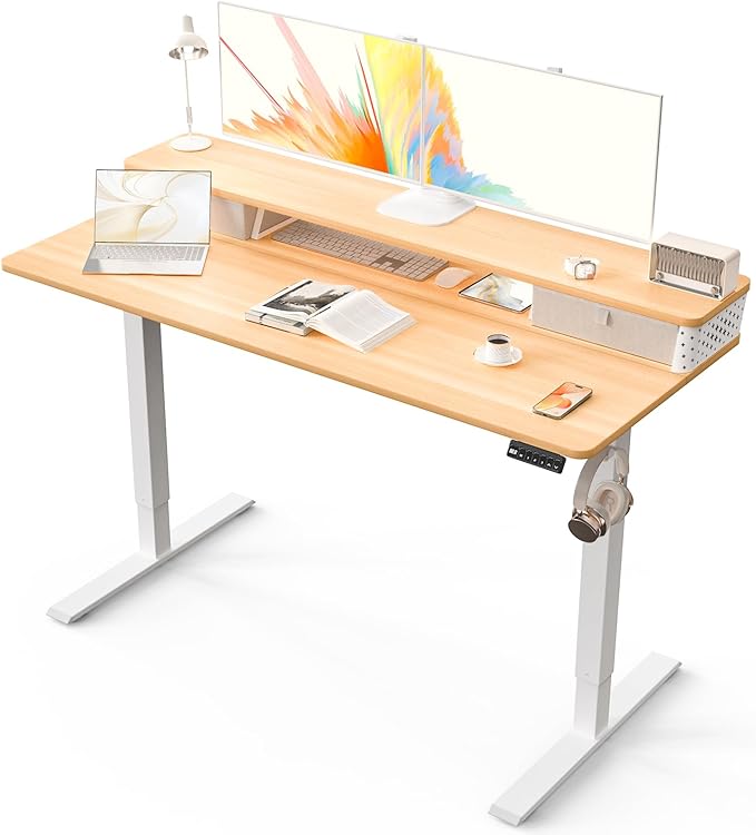 Kingant 55 x 24 Inch Electric Standing Desk with Dual Drawers, Height Adjustable Sit to Stand Computer Desk with Storage Shelf and C-Clamp Mount Compatibility for Home Office, Nature