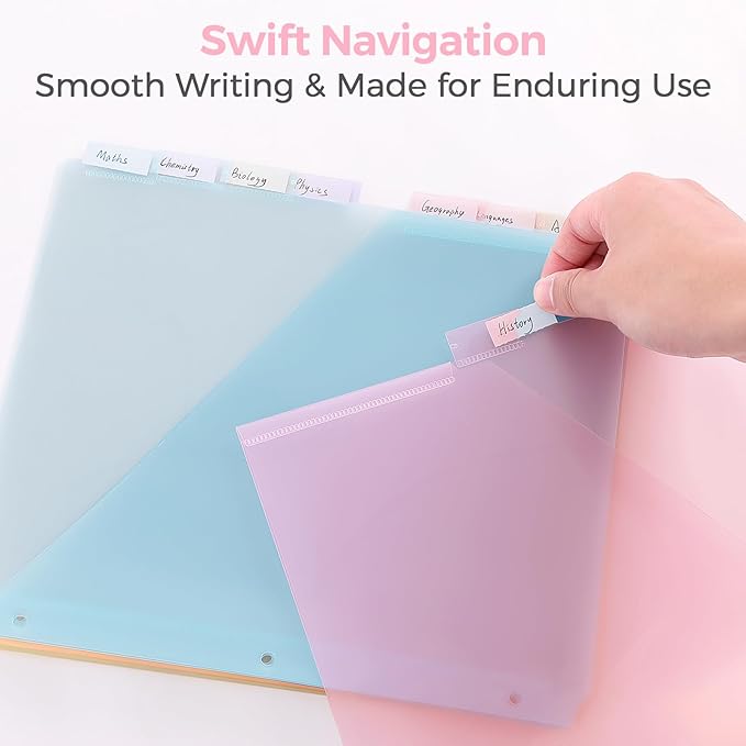 SKYDUE Pastel Binder Dividers with Tabs and Pockets - Soft Plastic Dividers for 3 Ring Binder, Includes 16 Blank Index Labels, for School & Office Organization, Pink