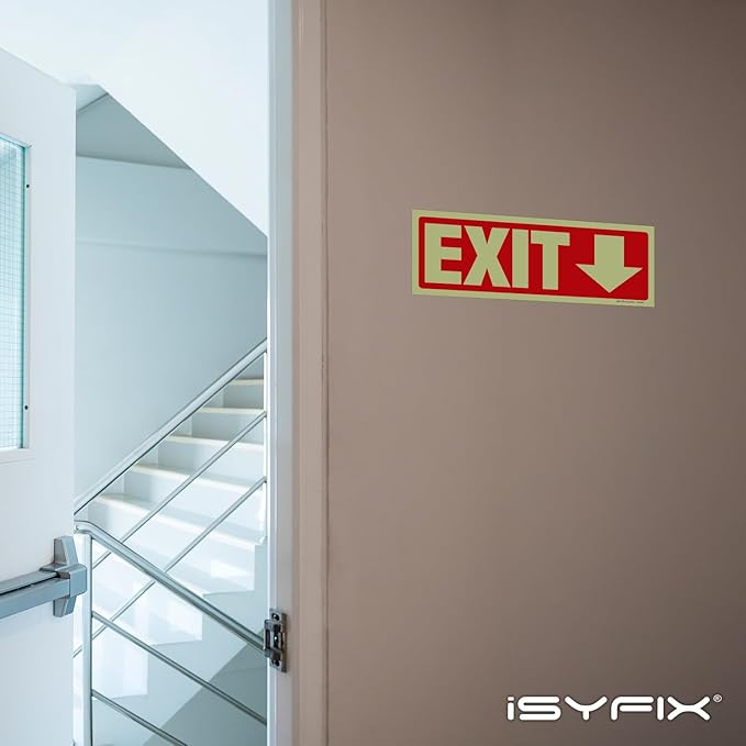 iSYFIX Exit Stickers Signs with Directional Down Arrow 6 Pack 12x4 Inch - Glow in the Dark Photoluminescent Vinyl for Office, School, Business, Warehouse - UV & Weather Resistant for Indoor/Outdoor Use