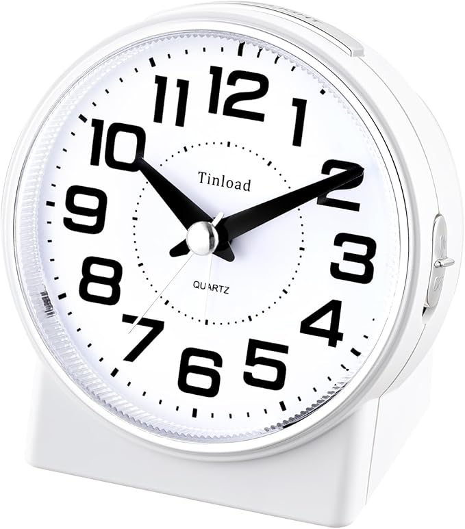 Tinload 4.3" No Ticking Analog Alarm Clock,Silent Readable for Seniors,Easy to Set,Gradual Rise Alarm,Big Numbers,On/Off Switch on Side,Gentle Wake,Snooze,Lighted on Demand,Battery Operated,White