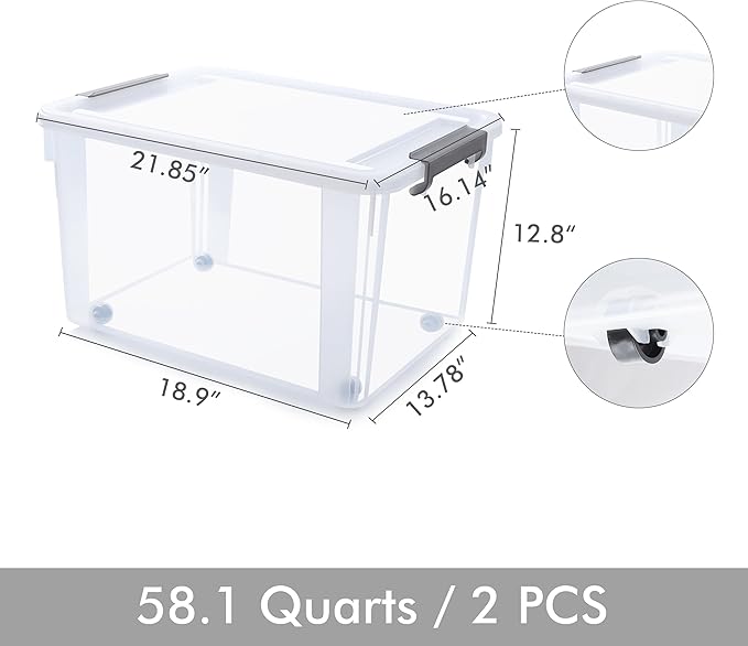 Citylife 58.1 QT Plastic Storage Bins with Latching Lids Stackable Storage Containers for Organizing Large Clear Storage Box for Garage, Closet, Classroom, Kitchen, 2 Packs