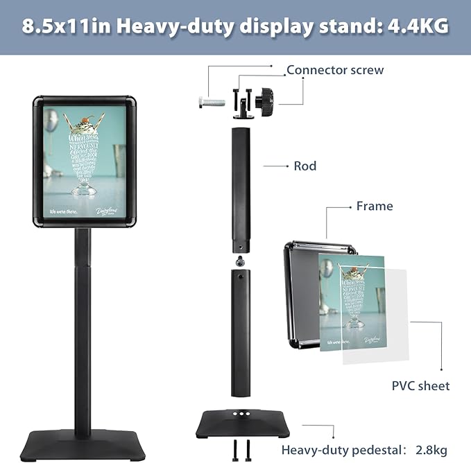 STANDNEE Heavy-Duty 8.5x11 in Floor Stand Holder, Poster Display With PVC Sheet & Heavy-Duty Pedestal, Aluminum Standing Sign, Black (3 Packs)
