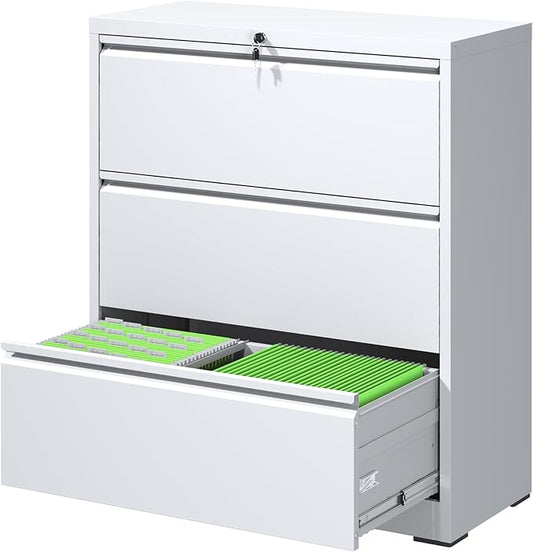 FLIXELIO File Cabinets 3 Drawer,Metal Office Storage Filing Cabinet with Lock,White Lateral Filing Cabinet for Home Office,Horizontal Locking File Cabinets for Legal/Letter/A4 Files,Assembly Require