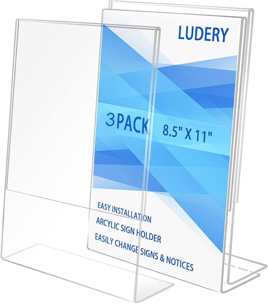 Ludery 8.5x11 Inches Acrylic Sign Slant Back Holder, Plastic Display Stand,Brochure Holder, Table Top Sign Holder For Office, Home, Store, Restaurant (3pack)