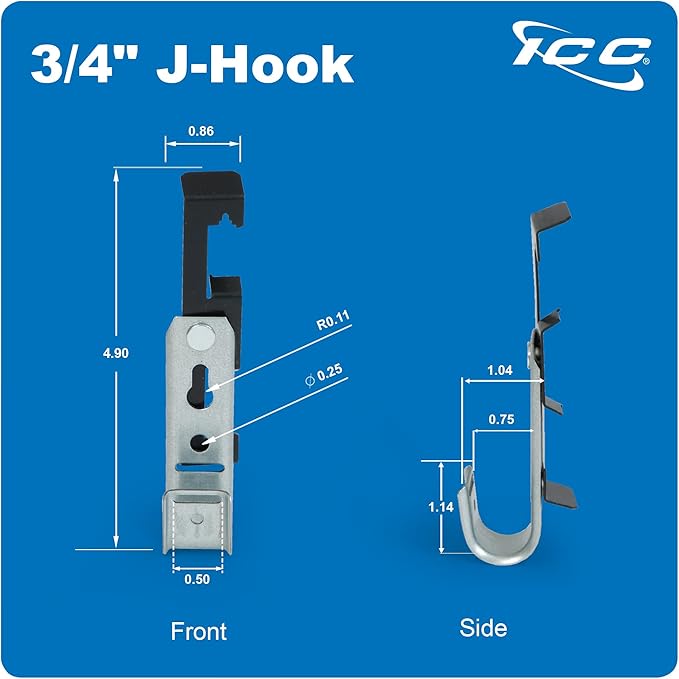 ICC Batwing J Hook 3/4” Without Retainer Clip - Galvanized Steel Cable Management Hooks for Hanging Cable to Hanger Wire and Threaded Rod - Rust-Resistant, EIA and TIA Compliant - 3/4 Inch 25 Pack