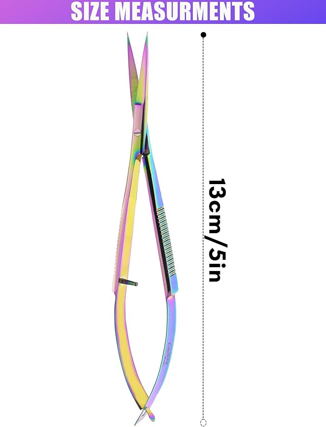 Cross Edge Spring Scissors 5 Inch straight Stainless Steel Precision Eyebrow & Eyelash Shaping & Trimming Scissor, Snips Squeeze, Embroidery, Knitting Micro Tip Craft Scissors (Rainbow)