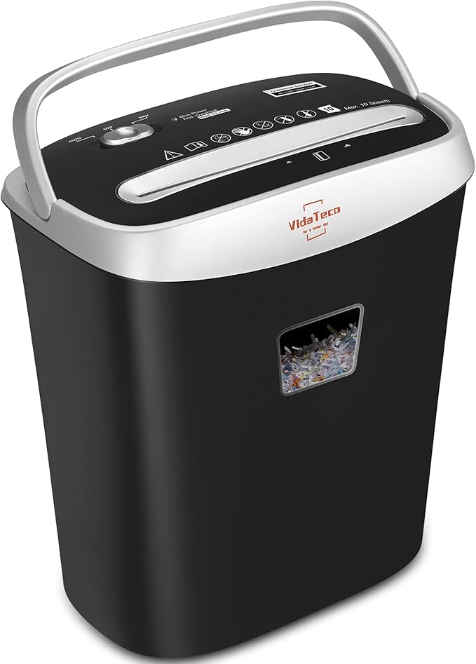 VidaTeco Paper Shredder for Home Office Heavy Duty with 60 Mins Running with US Patented Cutter,Shred CD/Card with Extra Large Bin,AUTO Jam Proof(ETL) (10-Sheet Micro-Cut)