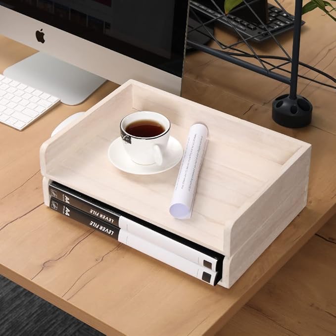 DDYURI Stackable Letter Tray 2 Pack - Wood Desk File Trays Letter/A4 Paper Organizer Shelf - Wooden Document Shelf Desktop Folder Rack Organization for Office Storage White(2CTP-WH)