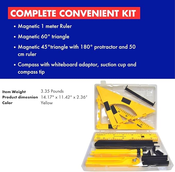 Helix - Magnetic Classroom Whiteboard Geometry 4 Piece Set - Compass - 2 Triangles - Ruler - Protractor
