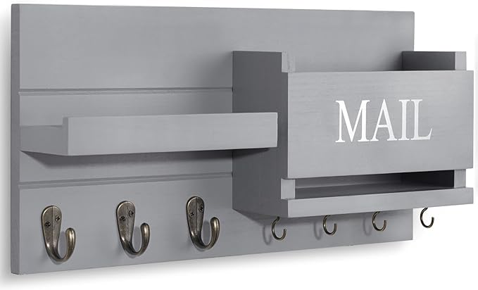 Lwenki Mail Organizer for Wall Mount – Key Holder with Shelf Includes Letter Holder and Hooks for Hallway Farmhouse Decor – Rustic Wood with Flush Mounting Hardware (16.5” x 9.1” x 3.4”) (Gray)