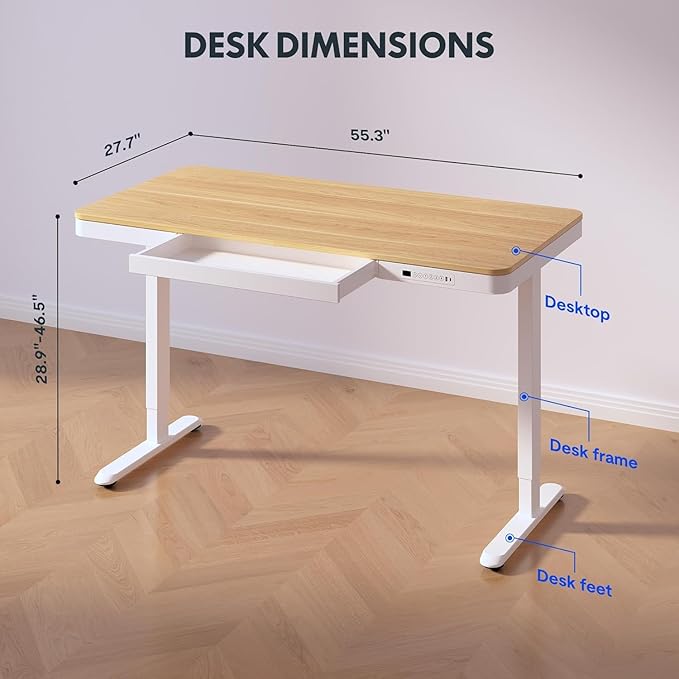 Standing Desk with Drawer, Electric Height Adjustable Home Office Desk with Storage & USB Ports, 55 inch Maple Wood Tabletop/White Frame