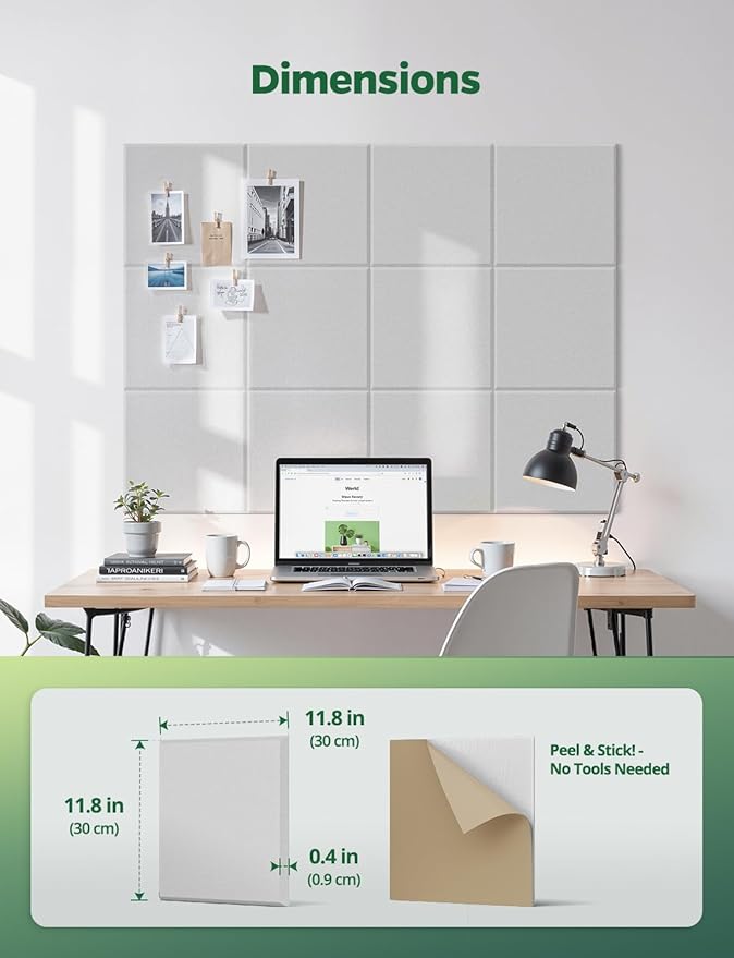Large Bulletin Board 48" x 36", 12 Pack White Cork Boards for Walls, Self-Adhesive Felt Pushpins Wall Tiles, Display for Messages, DIY Notice, Photo Decorations, Classroom, School, Office, Bedroom