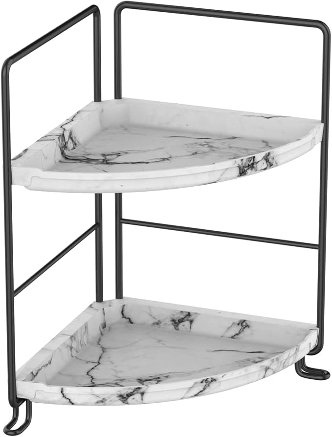 JANUSLiANG Small Corner Kitchen Organizer,Spice Rack,Bathroom Organizer, Countertop Makeup Shelf Cosmetics Storage Display Rack Vanity Shelf,Plastics imitation marble design,Tool-Less Install (Black)
