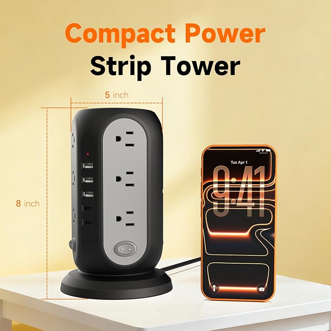 Tower Power Strip with 12 Outlets and 5 USB Ports (2 USB-C), Flat Extension Cord 10 Ft, Surge Protection 1250W Multiple Outlets Charging Station for Home Office Dorm Room