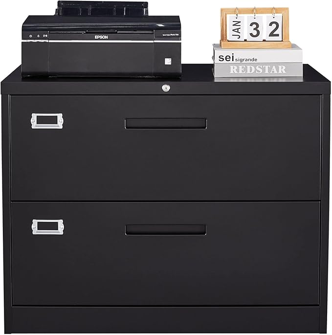 MIIIKO Lateral File Cabinet 2 Drawer, Black Metal File Cabinet with Lock, 35.4" Wide Drawers Storage File Cabinet for Hanging Files Folders Letter/Legal/A4 Size