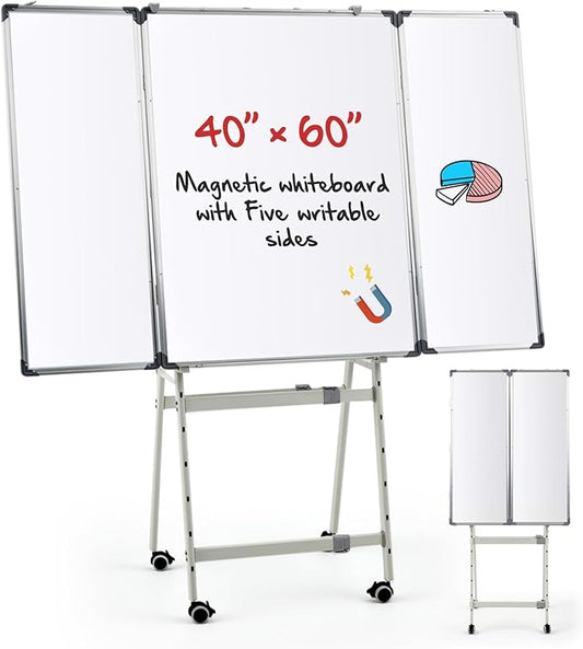 40" x 60" Rolling Whiteboard Foldable Dry Erase Board with Stand, Large Tri Folding Whiteboard Magnetic Dry Erase Board, Wall Aluminium Frame and Pen Tray for Education Office Home