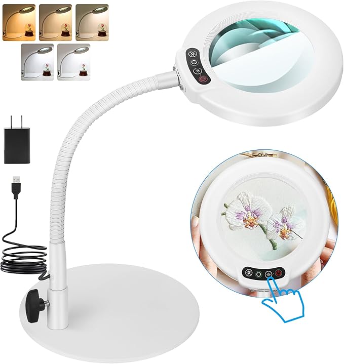 IVMAIE 10X Magnifying Glass with Light, Real Glass Lens, 5 Color Modes Dimmable, Flexible Gooseneck Lighted Magnifier with Stand, LED Desk Lamp Hands Free for Crafts Painting Reading Close Work, White