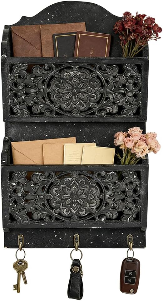 Chadechimo Rustic Key and Mail Holder for Wall Home Decorative,2-Slot Mail Organizer Wall Mount with 3 Hooks, Wooden Key Hangers Wall File Organizer Letter Sorter for Letter Magazines（Black）