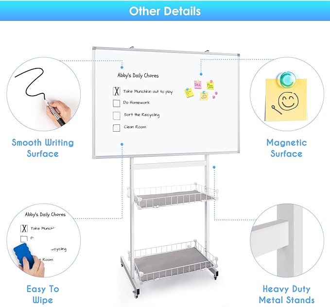maxtek Rolling Whiteboard, 48x32 Large Magnetic White Board with Stands, Big White Board Dry Erase on Wheels with Baskets for Classroom, Office, Homeschool, Home Office