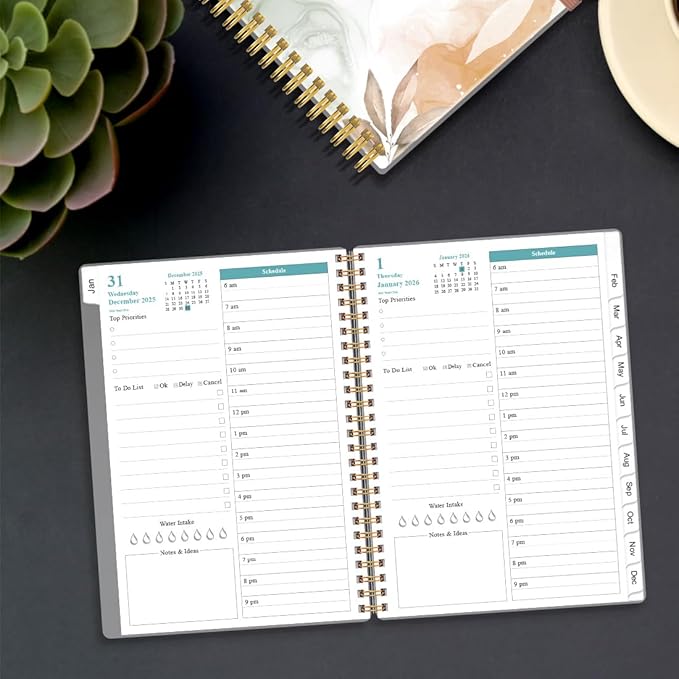 2026 Daily & Monthly Planner - One Page Per Day, Daily Planner 2026 from January 2026 to December 2026, Planner 26 with 12 Monthly Tabs, 6.4" x 8.5", Rose Leaf