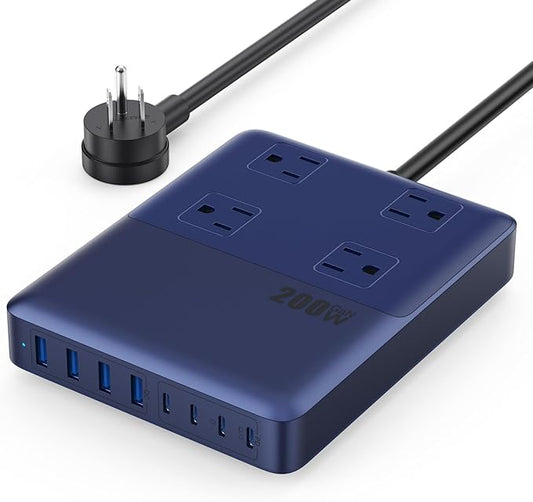 12-in-1 Charging Station USB C Power Strip with 5ft Cord,200W GaN IV USB C Charger Block,4 AC Outlets,8 USB for MacBook,iPhone 16/15/14,Fast Charging Desktop Charger for Office (A-Blue)
