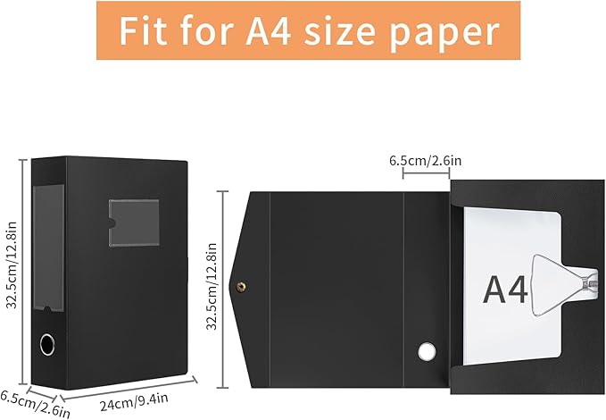 HUA JIE 2 Pack A4 Storage File Boxes Archives Case,65mm Spine,Box File Document Storage Box with Metal Clip for Office School -Black