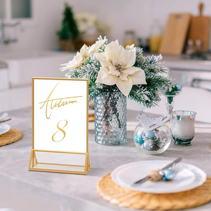 PPH-Sisy Acrylic Sign Holder 5X7 Gold Picture Frame,Double Sided Clear Display Stand , Table Acrylic Stand for Home Office Shop Restaurant (4pcs)