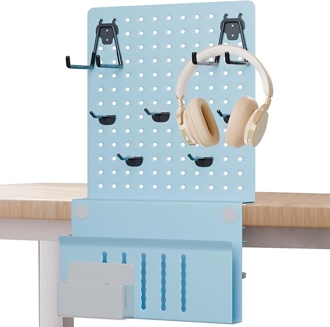 Henitol Desk Side Storage with Clamp-On Desk Pegboard, Steel Privacy Panel, No-Drill Desk Organizer with Pen Holder, Table-Side Laptop Holder for Office and Home (Blue)