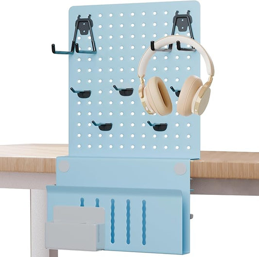 Henitol Desk Side Storage with Clamp-On Desk Pegboard, Steel Privacy Panel, No-Drill Desk Organizer with Pen Holder, Table-Side Laptop Holder for Office and Home (Blue)