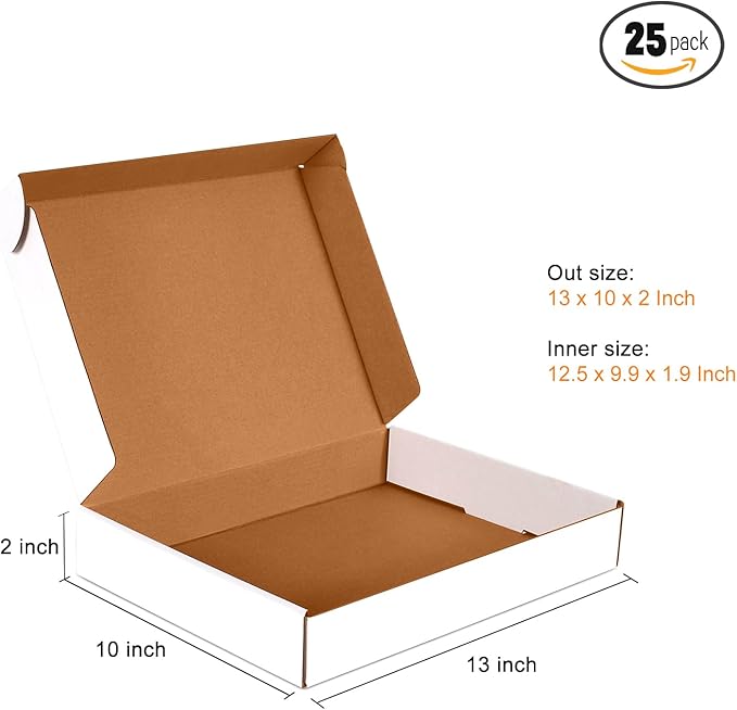 JOWLOT 13x10x2 inch Small Shipping Boxes Set of 25, White Corrugated Cardboard Box Literature Mailer for Mailing Packing Moving and Storage