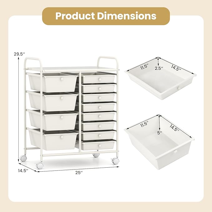 Giantex 12 Drawer Rolling Cart with Drawers, Storage Organizer Cart for Classroom Office School Teacher, Mobile Drawer Cart for Tools, Crafts, Small Printer, Ivory