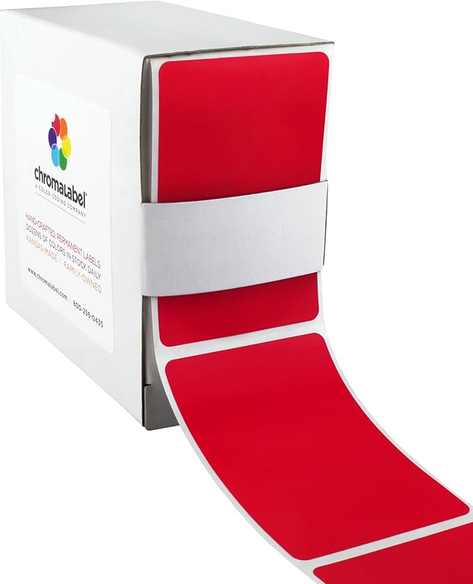 ChromaLabel 2 x 3 inch Permanent Color Code Rectangle Labels, 250 Labels per Dispenser Box, Red