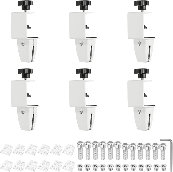 PATIKIL 6 Pcs 1/8" to 1/2" Adjustable Desk Divider Partition Clips, Aluminum Sneeze Guard Support Clamps Desktop Divider Clips for Offices Stores,Counter Privacy Panel,White