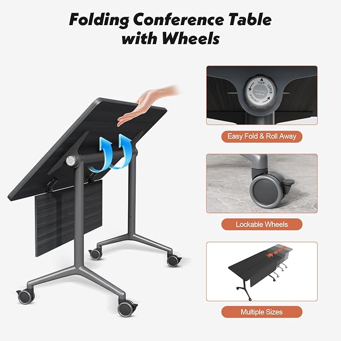 Goakwwuz Conference Room Table, Folding Conference Tables,Thicken Grey Tabletop,Flip Top Wooden Seminar Meeting Room Table for Conference Room Offices (4, BlackWoodGrain, 61.0“)