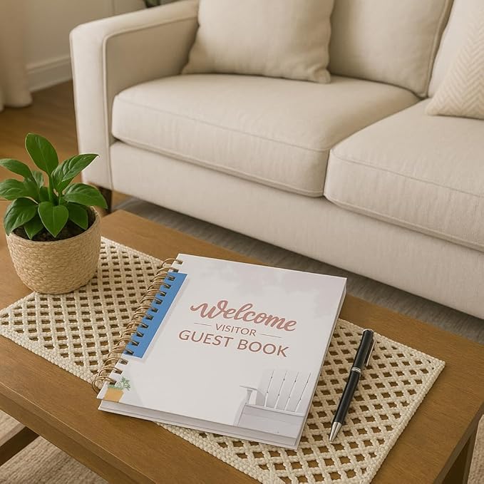 Paper 'n Such Guest Book for Rental House - Vacation Home - Short Term Rentals, Host Essentials, Spiral Hardcover Welcome Log for Airbnbs- 200 Pages (White/Blue)