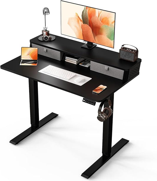 Kingant 40 x 24 Inch Electric Standing Desk with Dual Drawers, Height Adjustable Sit to Stand Computer Desk with Storage Shelf and C-Clamp Mount Compatibility for Home Office, Black