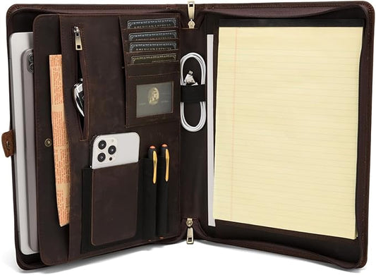 Geslun Genuine Leather Portfolio, Legal Size 8.5 x 14 Pad Holder, Business Padfolio for Men and Women, Zippered 14" Laptop Organizer, Executive Professional Work Travel Notepad Folio, Dark Brown