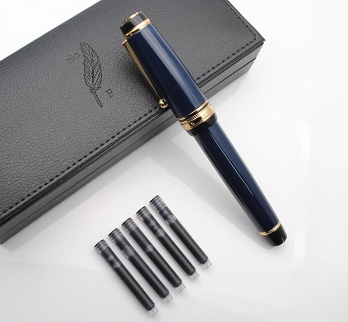 xixixiaozhu Metal Big Fountain Pen Set Medium Nib 0.7mm, Includes Ink Refill Converter, 5 Ink Cartridges & Gift Box (Medium Nib 0.7mm, Dark Blue)