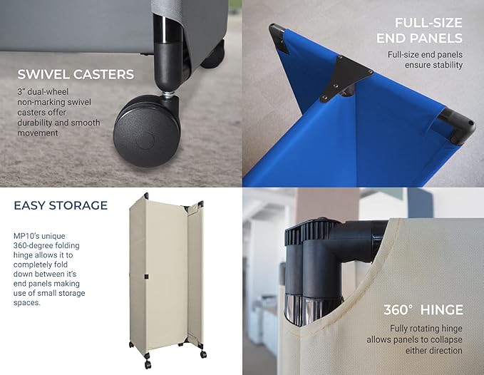 Versare MP10S Portable Folding Wall Partition | Economical 5 Panel Design | Portable Room Divider On Wheels | Adjustable, Freestanding Setup | Multiple Widths