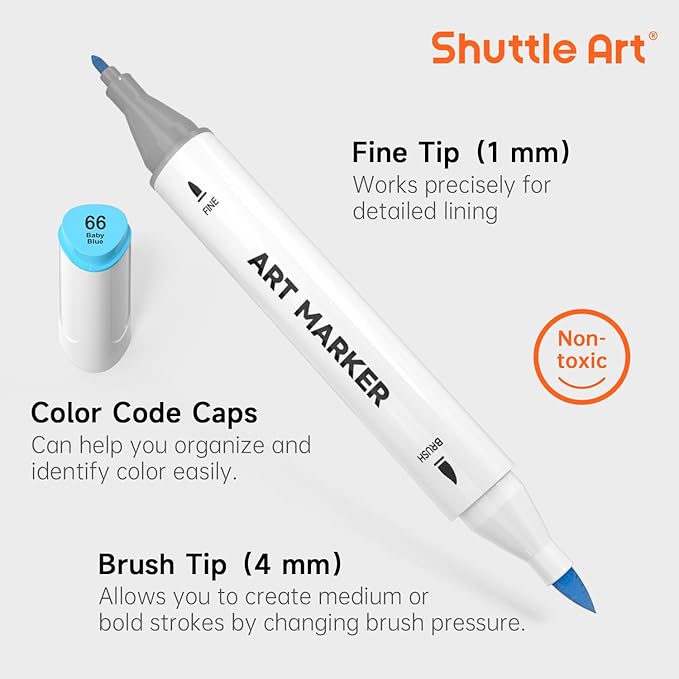 Shuttle Art Brush Tip Alcohol Markers, Dual Tip Brush & Fine Tip Art Marker Set, 24 Colors Marker Pens with Case Perfect for Illustration Kids Students Adults Coloring Sketching