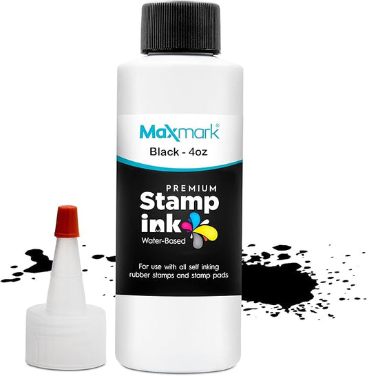 MaxMark Premium Refill Ink with Control Tip Bottle for Self-Inking Stamps, Black Color - 4 oz.