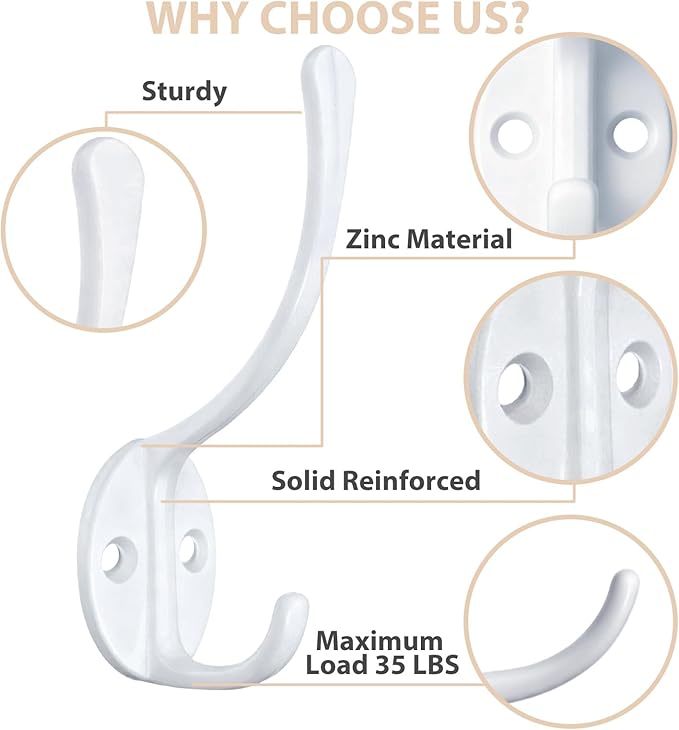 Homanu 10 Pack Coat Hooks Wall Mounted with 20 Screws, Heavy Duty White Towel Hooks Metal Double Hooks, No Rust Retro Rustic Wall Hooks for Hanging Towel, Coat, Scarf, Bag, Hat, Cup, Key