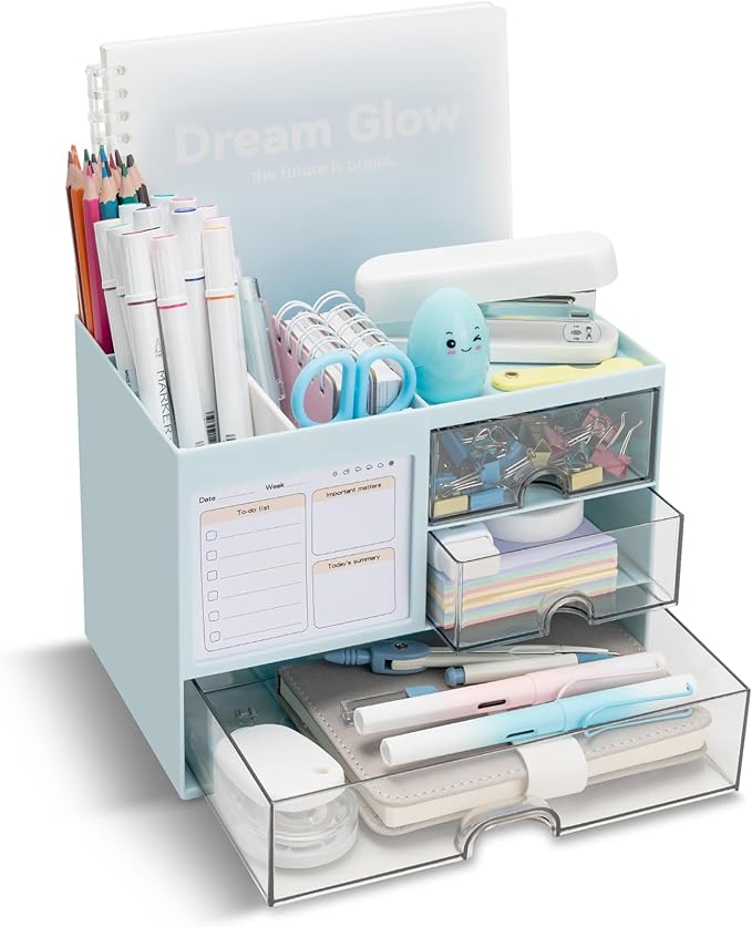 QIYVLOS Desk Organizer with 3 Drawer, Multi-Functional Pencil Pen Holder for Desk, Desk Organizers and Storage with 8 Compartments, Desktop Organizer for Office Home Art Supplies (Blue)