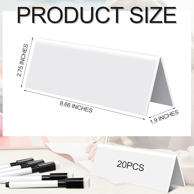 Fainne 20 Sets Dry Erase Name Tent Cards with Black Markers 8.7 x 2.8 x 1.9 Inches White Reusable Name Plate Wipe Clean Desk Tags Sign for Classroom Table Office Conference Meeting Weddings