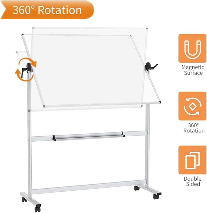 VIZ-PRO Double-Sided Magnetic Mobile Whiteboard, 48 x 36 Inches, Aluminium Frame and Stand