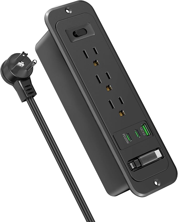 Recessed Power Strip with Retractable USB C Cable,2 PD 20W USB C,Flush Mount Countertop Drawer Outlet, Furniture Hidden Outlet for Side Table,End Table,3 Outlets (Black, 6FT-20W USB)