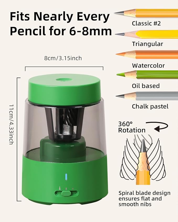 ZMOL Electric Rechargeable Pencil Sharpener, Automatic Pencil Sharpeners Kids, Battery Pencil Sharpeners for Colored Pencils, Auto Stop, Suitable for No.2(6-8mm), Classroom/Home Green